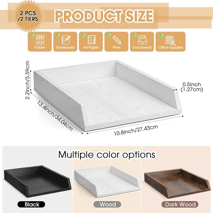 DoubleFill 2 Pcs Wooden Letter Trays Wood Letter-Size Desk Organizer Heavy Duty 2 Tier Stackable Supports Paper Tray Desktop Drawer Organizer File Folder Magazine Office Accessories (White)
