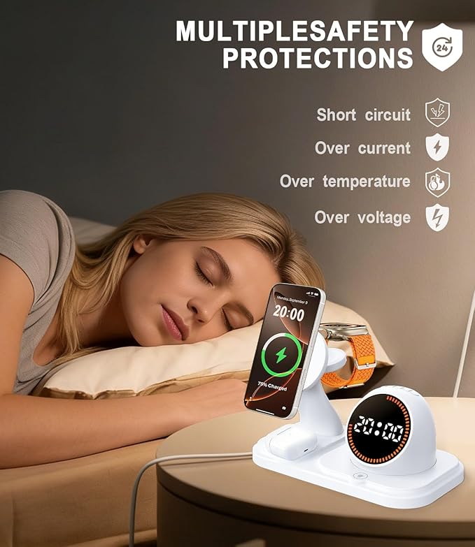 Wireless Charging Station with Clock,6-in-1 Charging Stand for Multiple Devices for iPhone 17 16 15 14 13 12 Pro Max, Apple Watch, Airpods, Bluetooth Speaker + RGB Light
