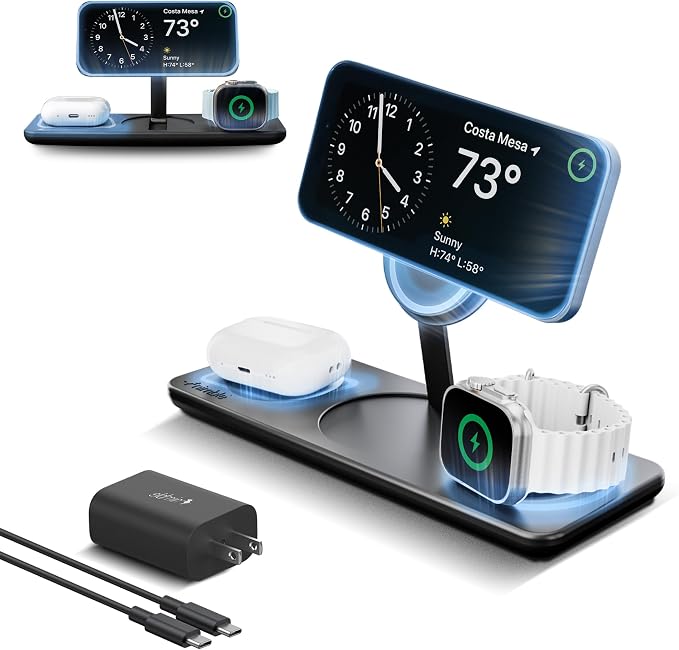 Nimble Podium 3-in-1 Wireless Charging Station for Apple, Qi2-Certified 15W Magsafe Charger Stand, Wireless Charger for iPhone 17 16 15 14 13 - Apple Watch - Airpods Series (Charger & USB-C Included)