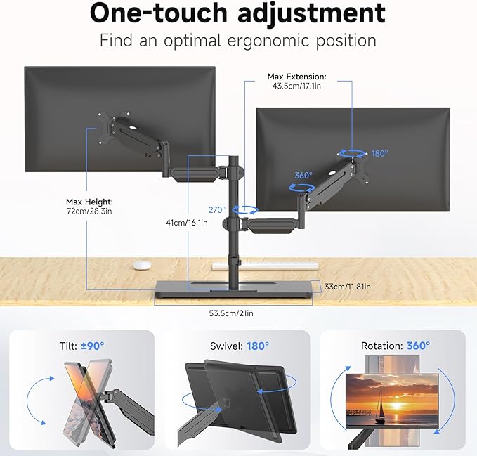 suptek Freestanding Dual Monitor Mount for 2 Screens up to 32 inches,Taller Monitor Stand Hold 22lbs,Dual Monitor Arm Desk Mount with Base(ML8022C)
