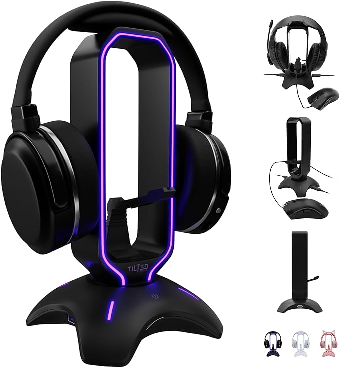 Tilted Nation Gaming Headset Stand | RGB Headphone Stand for Desk with Mouse Bungee and USB Hub (Cool and Clean Setup) Gaming Headset Holder - Perfect Gamer Gift Accessory