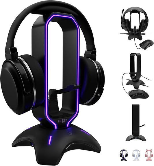 Tilted Nation Gaming Headset Stand | RGB Headphone Stand for Desk with Mouse Bungee and USB Hub (Cool and Clean Setup) Gaming Headset Holder - Perfect Gamer Gift Accessory