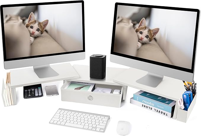 RUILALIFE Dual Monitor Stand Riser w/ Drawer & Metal Leg, Large White Computer Monitor Riser w/ Storage For 2 Screens, Desk Shelf w/ Adjustable Length & Angle, Desktop Organizer