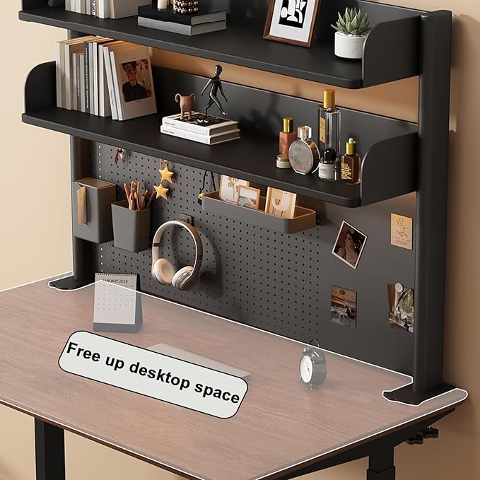 Clamp on Desk Shelf with Pegboard, Black Desktop Bookshelf Organizer Storage Shelves for Home Office Dorm Gaming Desk, Space Saving Tabletop Display Rack Organization (Black, 39.3in)