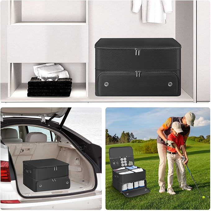 Golf Trunk Organizer, 2 Layer Car Trunk Locker with Separate Ventilated Shoe Compartment - Waterproof Golf Accessories Storage for Balls, Tees, Clothes, Gloves | Golf Gifts for Men Golfers