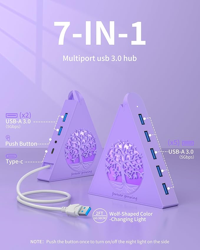7-Port USB 3.0 Hub, Light Purple Vertical USB Splitter with Tree-Inspired RGB Lights, 5Gbps High-Speed Transfer, 2FT Cable, Compatible with MacBook, PC, Flash Drive, Console, Printer, Camera