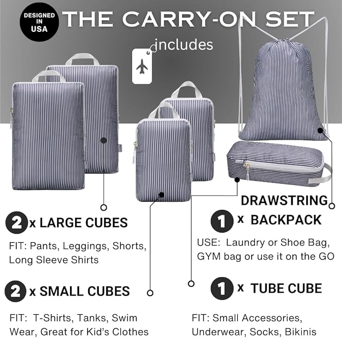 Compression Packing Cubes for Travel 6PC Set - Suitcase Organizer & Space Saver Bags for Carry On Luggage with Drawstring Backpack Grey Stripe
