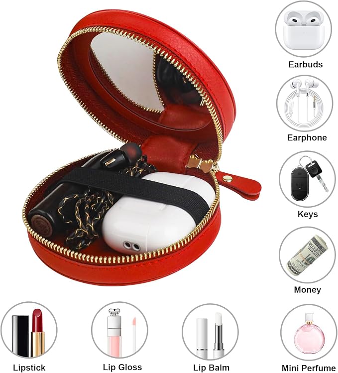 Bocasal Coin Pouch Mini Lipstick Cosmetic Bag with Airtag Holder Mirror, Leather Zipper Travel Makeup Bag Organizer Keychain Ring Clasp for Keys Earbuds Earphone Lip Gloss Chapstick Women Girls (Red)