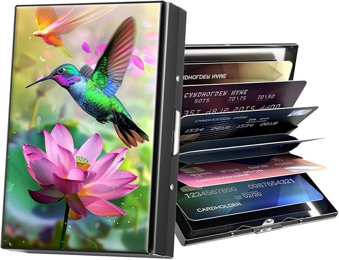 Metal Wallet,Credit Card Holder for Women Men,RFID Blocking Card Holder Wallet Mini Slim Aluminum Wallet ID Case Hard Card Case Business Card Holder Case,Hummingbird Lotus
