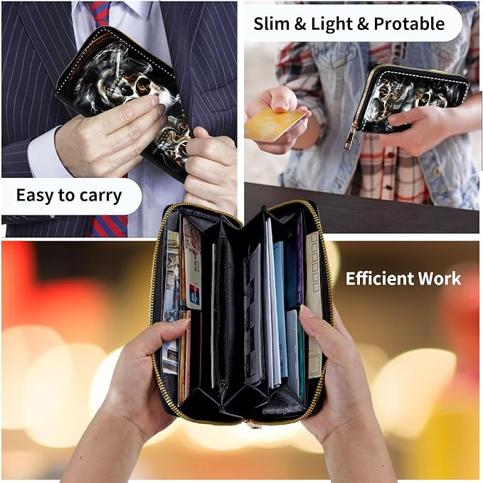 Wallet,Leather Long Wallet Suitable For Ladies And Teenagers - Detachable Wristband + RFID Travel Wallet With Card Slot - Smoking Skull