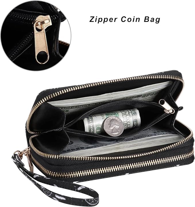 Cellphone Wallet for Women Dual Zipper Long Purse with Removable Wristlet