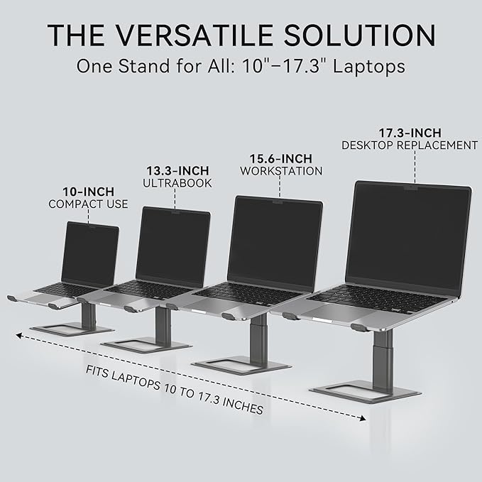 SOUNDANCE Adjustable Laptop Stand, Ergonomic Aluminum Riser for 10-17.3” Notebooks, Ventilated Metal Holder with Height Alignment for Desk Workspace, Grey