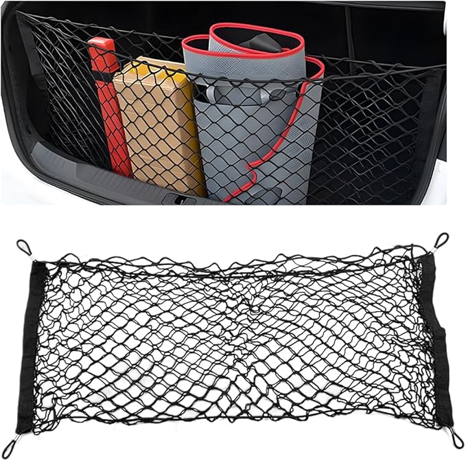 Stretchable Cargo Net, Adjustable Elastic Storage Mesh Nets, Envelope Style Cargo Netting with Mounting Screws and Hooks, Trunk Rear Cargo Organizer Net for Car Truck SUV (35.4×15.7 Inch)