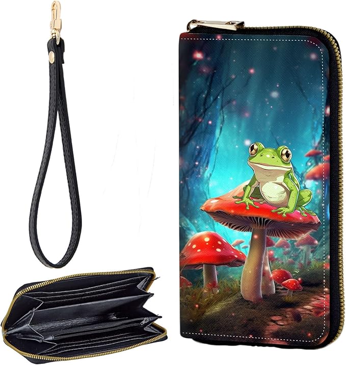 Zip Around Wallets for Women with Detachable Wrist Strap, Large Capacity RFID Blocking Leather Purse Organizer Card Holder Wristlet,Aesthetic Mushroom and Frog