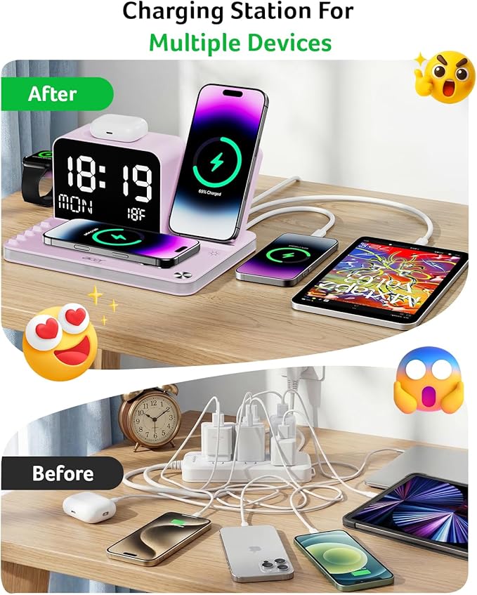 Acer 7-in-1 Wireless Charging Station with LED Clock - 30W Fast Wireless Charger for iPhone 16/15/14/13/12/Pro Max, Apple Watch, AirPods - Bluetooth Auto Time Sync & Night Lights (Purple)