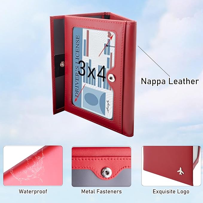 Pilot Wallet Passport Holder RFID Blocking Nappa Leather Travel Wallet, Stylish Travel Companion for Aviation Professionals (Red)