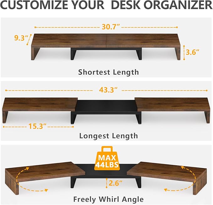 TAVR Dual Monitor Stand Riser, Computer Monitor Stands for 2 Monitors, Extra Long Multifunctional Wooden Desktop Organizer Riser for Computer, Laptop, PC, Printer, TV, Max 43.3" Length, Rustic Brown