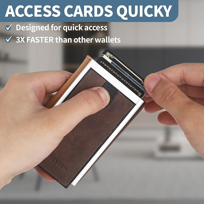Mens slim Wallet，with RFID Shielding, Holds 9 Cards Easily, card wallet for Men, Minimalist Wallet For Men, Made of aluminum and Pu Synthetic Leather, Includes Cash clip (Coffee Color)