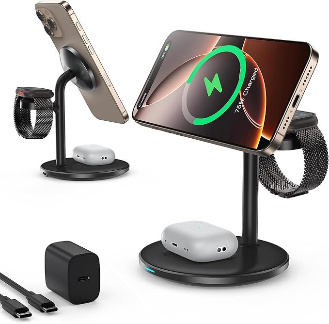 3 in 1 Wireless Charging Station for Apple Devices with MagSafe Charger, Wireless Charger Station for iPhone 17/16/15/14/13/12 Pro Max Air Plus Mini,Wireless Charging for iWatch&AirPods(20W Adapter)