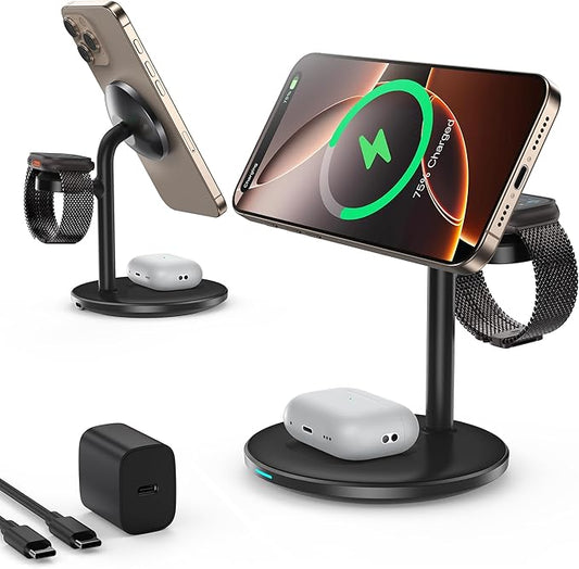 3 in 1 Wireless Charging Station for Apple Devices with MagSafe Charger, Wireless Charger Station for iPhone 17/16/15/14/13/12 Pro Max Air Plus Mini,Wireless Charging for iWatch&AirPods(20W Adapter)
