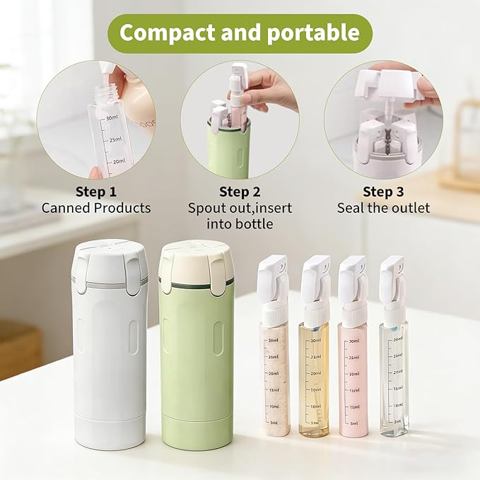 4 in 1 Travel Dispenser Bottles, 2026 New Refillable Travel Toiletries Bottle Set, Leak Proof Portable Size Containers for Shampoo Lotion Conditioner Cream (White+Green)