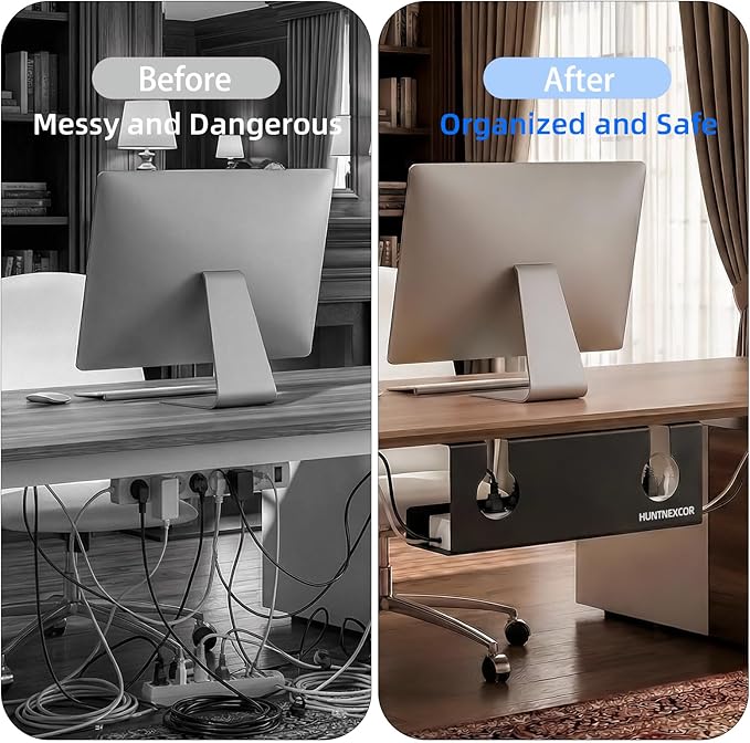 No Drill Under Desk Cable Management Tray with Clamp, Home/Office Desk Cord Organizer and Accessories Storage Shelf, 17'' Metal Cable Organizer for Standing/Gaming Desk, Office Supplies, Black 2 Set