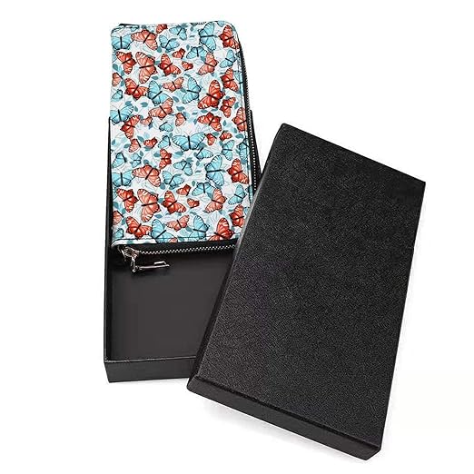 Clutch Wallet Holder for Women Men Beautiful Red Blue Butterfly And Leaves Portable Accordion Zipper Credit Card Storage Bag Waterproof Purse Leather Wallet for Travel Work Shopping