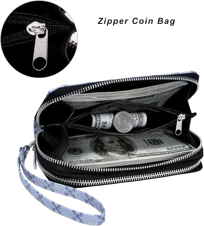 Cellphone Wallet for Women Dual Zipper Long Purse with Removable Wristlet