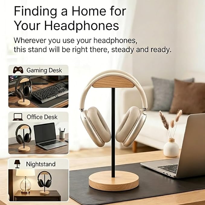Headphone Stand Nature Wood & Metal Headset Hanger Mount Hook Gaming Holder Desktop Earphone Artful Functional Craftmanship Stand for All Headsets with Solid Wooden Base