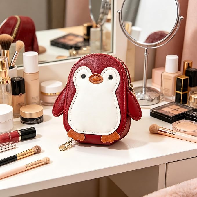 Cute Cartoon Penguin-shaped Coin Purse PU Leather Accordion Card Holder Large Capacity Zippered Money and Card Organizer Portable Mini Coin Purse (red)