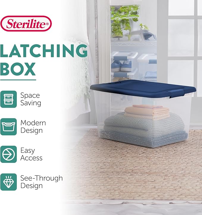 Sterilite 12-Pack Color Program, Large Clear Plastic Storage Bins with Lids, 64 Quart, Blue - Stackable Organizing Container Boxes for Closet, Bathroom, and Office