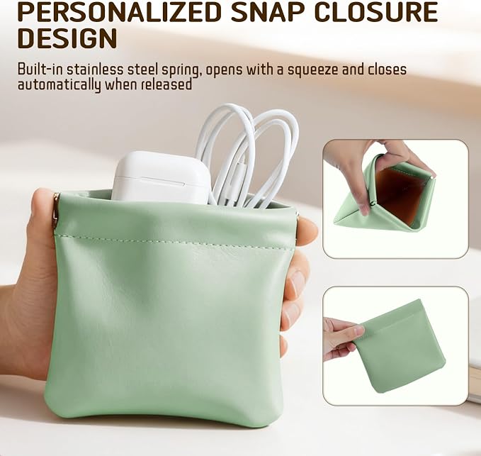Leather Organizer Pouch, 4PCS Personalized Snap Closure Cosmetic Bags, Mini Waterproof Storage for Purse Jewelry Makeup, Portable Self-Closing Pocket (4.7x4.5in)