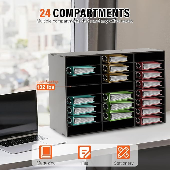 Literature Organizer 24 Slots, Compartments Mail Sorter Organizer, Adjustable Desktop File Organizer with Removable Shelves, Paper Organizer for Home Office School (Black, 24 Slots)