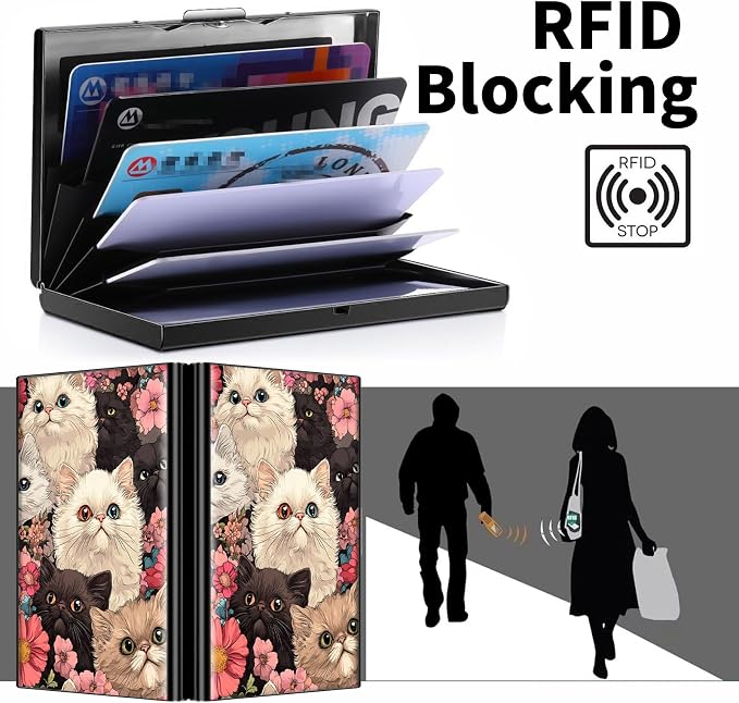 Metal Wallet, Credit Card Holder for Women Men Girls, RFID Blocking Aluminum Wallet Slim Hard Case, Mini Travel Wallet, ID Card Holder Business Card Case,Cats Flower