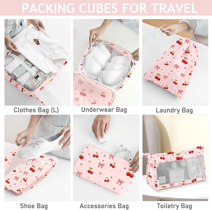 KPX 8 Set Packing Cubes for Travel, Luggage Packing Organizers Accessories Large Toiletries Bag for Clothes Shoes Cosmetics (8Set-Cherry & Bow)