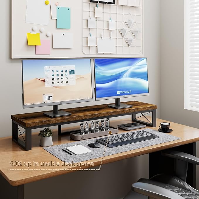 IBUYKE Large Dual Monitor Stand Riser for 2 Monitors, Wooden Desktop Computer Monitor Stand Storage Shelf and Steel Legs,Dual Screen Office Desk,Monitor Riser for Computer, Printer,Laptop,TV,Rustic Brown UTDJ002H