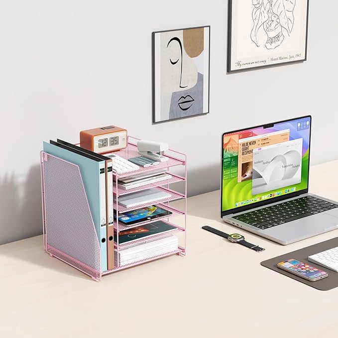gianotter 6-Tier Paper Organizer With Magazine Holder, Desk Organizers and Accessories, Desk Accessories & Workspace Organizers, File Organizer for Office Supplies Storag (Pink, 6-Tier)