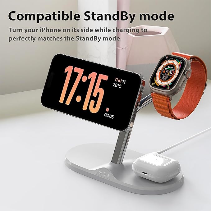 3-in-1 Wireless Charging Station for Apple Devices - Fast Charging Station for iPhone and Watch with MagSafe, Stable Charger Stand for iPhone 12-15 & iPhone 16 & iWatch & AirPods, Adapter Not Included