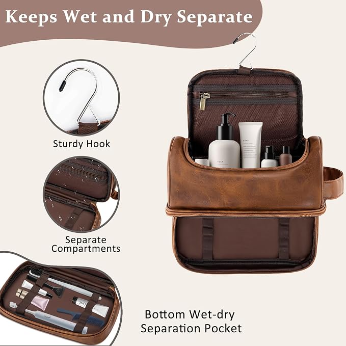 Personalized Gifts Travel Toiletry Bag for Men, Engraved Initial PU Leather Waterproof Shaving Bag, Groomsmen Present Christmas Birthday Gifts for Men Dad Husband Son Boyfriend, Light Brown O