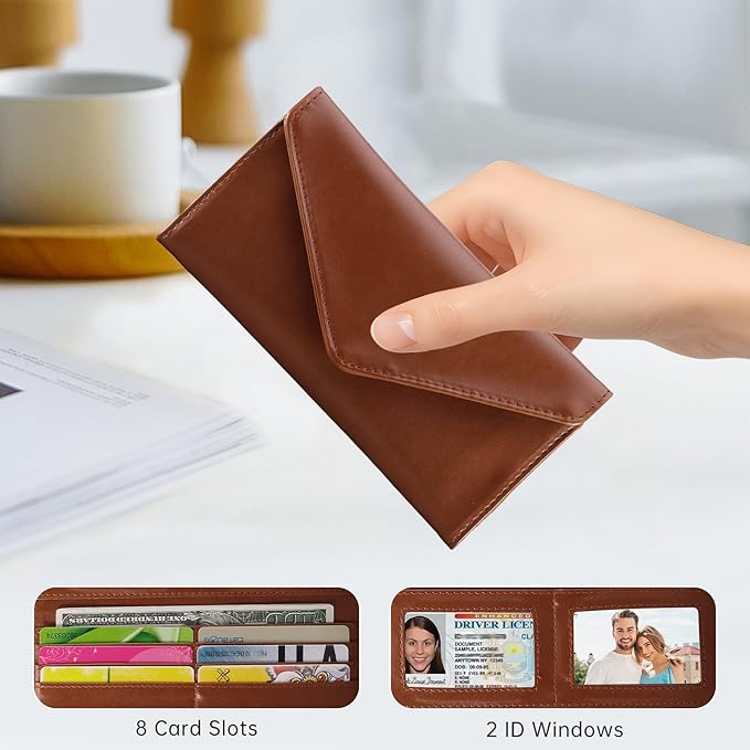 Leather Cash Envelope Wallet, RFID Blocking Card Organizer for Women, Reusable Coin Pouch, Coffee Brown