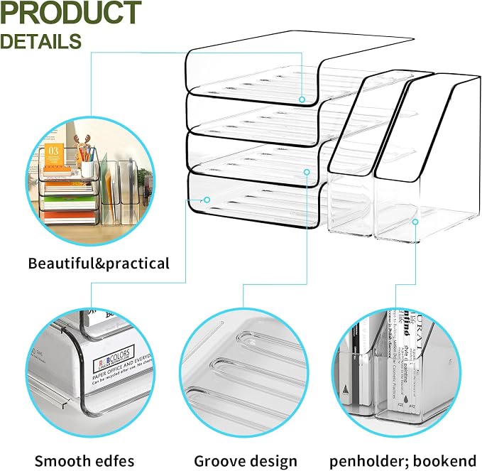FANXIYQ 4-Tier Acrylic Paper Tray Organizer with Bookends, Clear Stackable Letter Tray Organizer for Desk, Acrylic File Organizer & Office Paper Organizer, Desk Accessories for Home Office