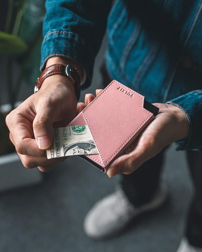VULKIT Pop up Card Wallet RFID Blocking Slim Aluminum Metal Bank Card Holder Case with Business Money Pocket for Credit Cards Notes and Coins (Pink)