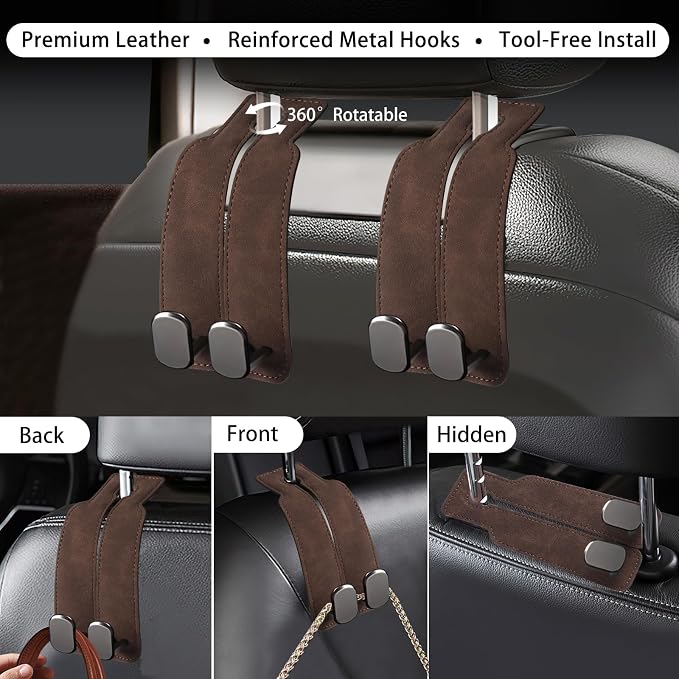 2Pcs Wide Car Headrest Hooks for Purses and Bags, 2026 Upgraded 0.98” Wide Opening for Thick Bag Handles, Premium Leather Car Seat Hanger with Dual Metal Hooks, WideFit Brown