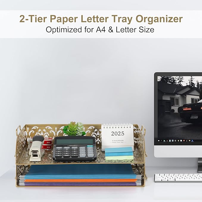 EasyPAG Paper Organizer for Desk 2 Tier Stackable Paper Tray for A4 Legal Size Folders Metal File Storage Desktop Organizer for Home Office School Teacher, Gold