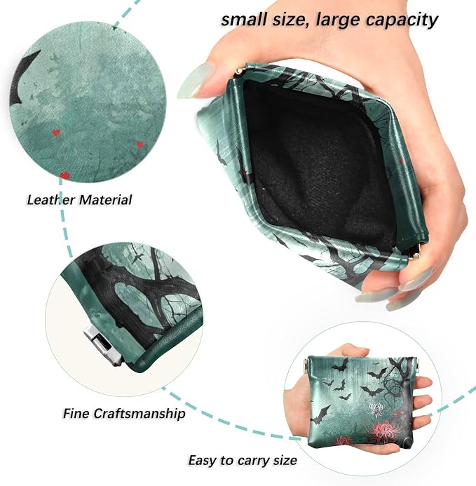 Bats Women's Waterproof PU Leather Coin Purse, Slim Travel Wallet with Zipper - Compact Card Holder & Jewelry Organizer for Cash, Keys, Lipstick