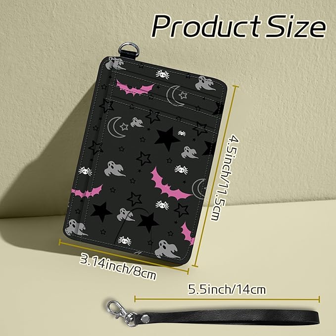 Small Travel Wallets, Gothic Skull Moon Stars Bat Slim Minimalist Front Pocket Wallet with Wristlet, RFID Blocking PU Leather Credit Card Holder with ID Window Change Purse for Men Women