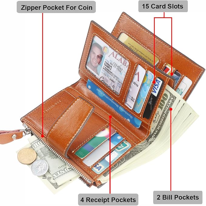 Lavemi Small Compact Women Wallet RFID Blocking Genuine Leather Bifold Purse with ID Windows