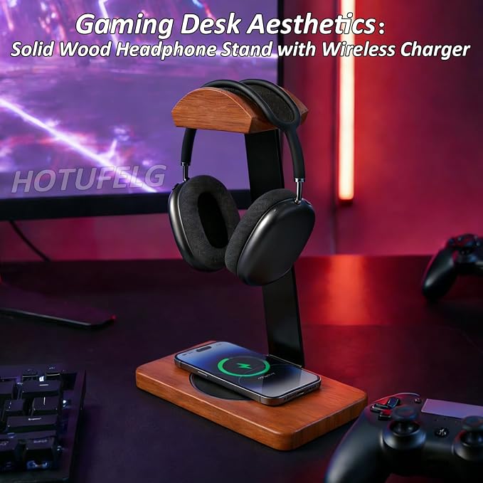 Solid Wooden Headphone Holder with Qi Wireless Charging Pad,Heavy Duty Wood Universal Headset Stand Compatible with Airpods Max,Bose,Razer,AKG,Equipment Accessories for Walnut Desk,Gift Choice