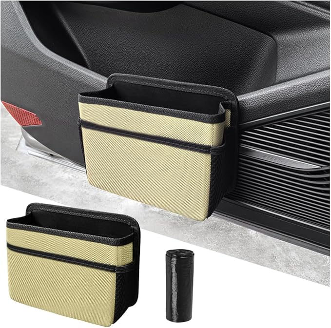 Mandark Car Trash Can, Foldable Mini Vehicle Trash Bin Garbage Organizer Holder, Waterproof Automotive Interior Hanging Dustbin Storage Bag Container Accessories, Universal for Most Cars (Beige)