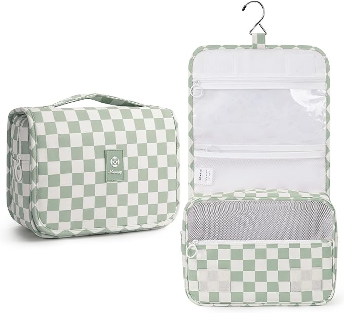 Narwey Small Hanging Travel Toiletry Bag for Traveling Women, Checkered Travel Bag for Toiletries, Makeup Bag Organizer Make Up Cosmetic Bags, Gifts for Kids Teen Girls (Mint Green Checkerboard)